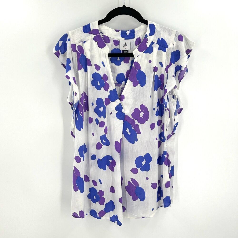 CABI White Purple Blue Semi Sheer Floral Print Flutter Sleeve Blouse Size Small